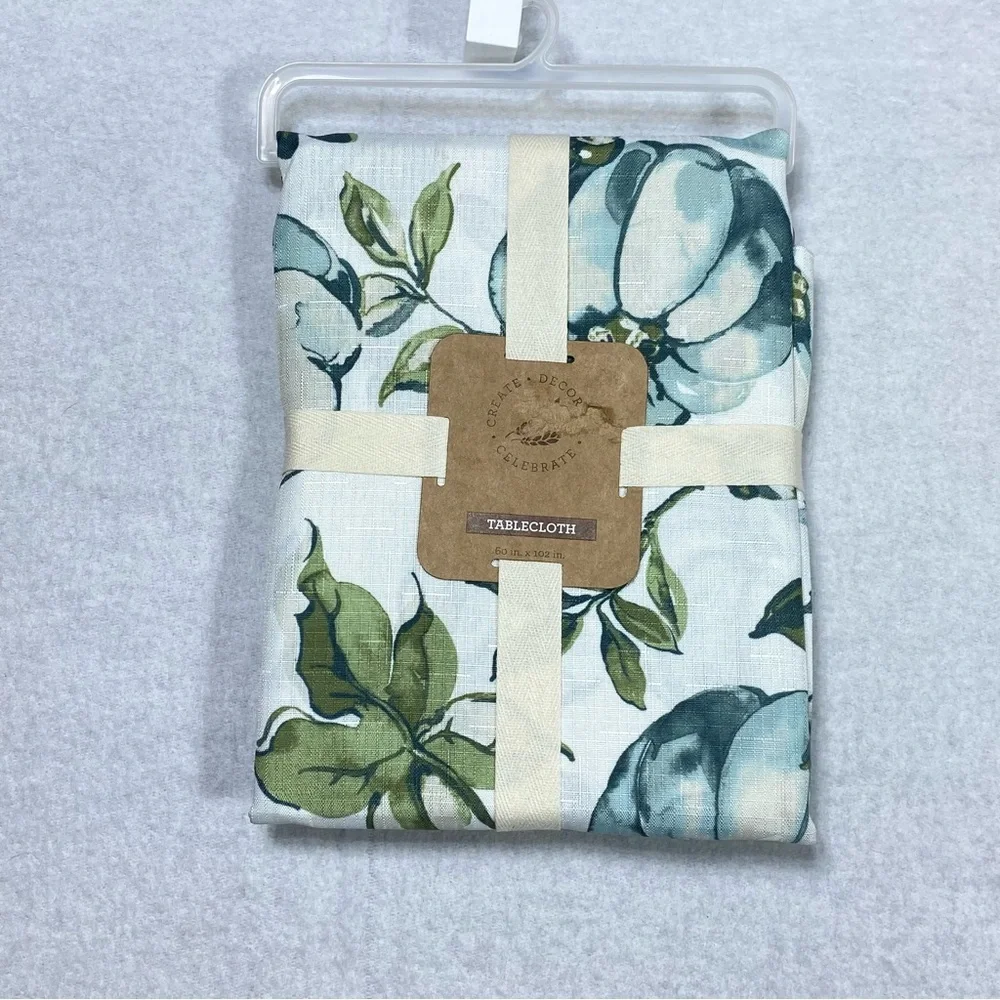 Fall Fabric Autumn Pumkin Tablecloth 60 in X 102 in White Green Blue Watercolor